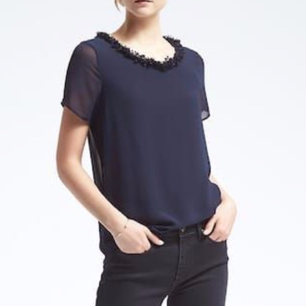 Banana Republic Navy Fringe Trim Top